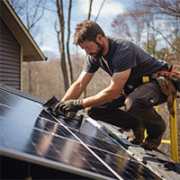 tech checking solar panels on the roof of a house in georgia