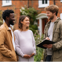 man and pregnant wife talking to a real estate agent