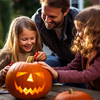 father and daughters carving a pumpkin