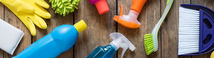 cleaning supplies laid out on a table