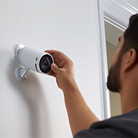 home security technician installing a security camera
