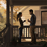 couple talking on their porch