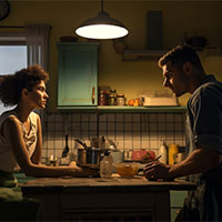 couple talking in their kitchen