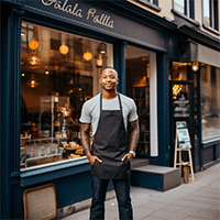 man wearing apron standing in front of stores