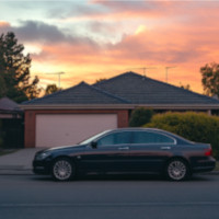 sedan parked on the side of a street in front of a garage