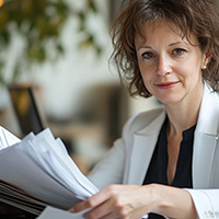 woman smiling while holding paperwork
