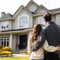 a couple standing in front of a house with a big lawn