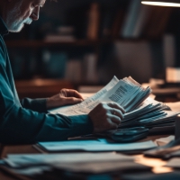 a man sitting at a desk with a bunch of papers in his hands