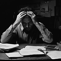 various documents in front of a man holding his head with two hands while in deep thought