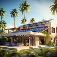 solar panels on top of the roof of a house with a pool and palm trees