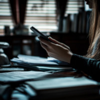 stacks of paperwork in front of a woman using a cellular phone