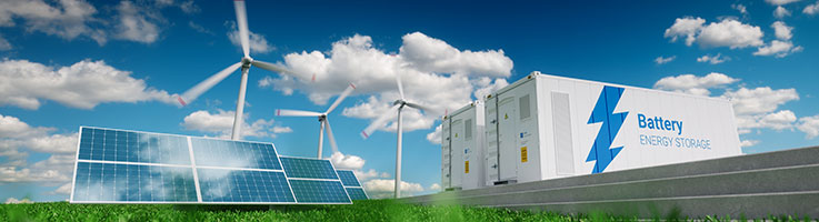 photovoltaics, wind turbines and battery containers in nature