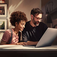a man and a woman smiling while looking at a laptop