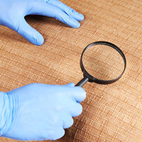 gloved hands holding magnifying glass