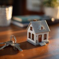 a miniature house and keys on a desk