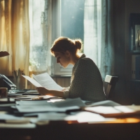 a woman at a desk looking at papers