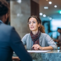 a woman speaking to a man at a bank