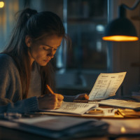 woman writing on a notebook under a lamp while holding a bill