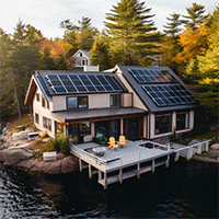 lake house with solar panels
