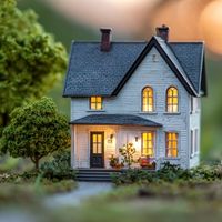 a miniature two-story house with warm lights glowing from the windows, making it look cozy