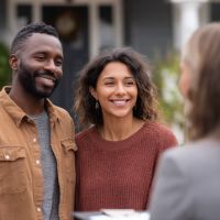 couple both smiling and talking to someone