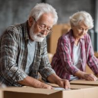 an elderly man and woman unpacking boxes