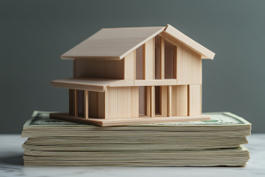 wooden model house atop a pile of legal papers