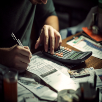 a man using a calculator and writing on paperwork