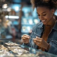 a woman holding a piece of jewelry and smiling