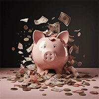 pig coin bank with coins scattered all over the place