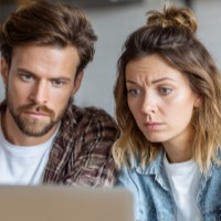 a man and a woman looking at a laptop with a serious expression in their faces