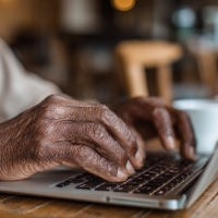 an elderly man typing on a laptop