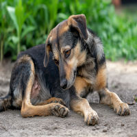 pet dog sitting by the curb