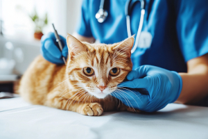 ginger cat being examined by a vet