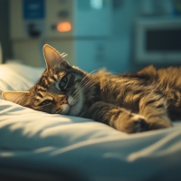 a cat in a vet bed