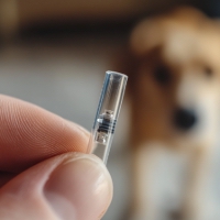 a microchip in the foreground with a dog in the background