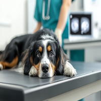 pet dog on vet exam table waiting to be x-rayed