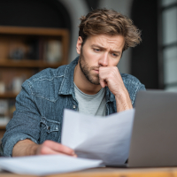 man looking worried while balancing budget
