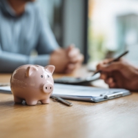 a piggy bank on a table with two people talking to each other