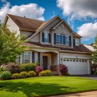 a modern house with a lawn in front and trees on each side