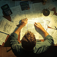 man reviewing various documents on a table under a light source