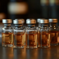 vials with liquid inside arranged in a row
