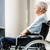 old man sitting in a wheelchair looking out a window