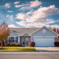 a single story house painted in light blue with white edges around windows and doors covered in gray shingles for the roof