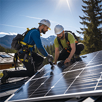 Two technicians working on solar panels on the roof of a structure