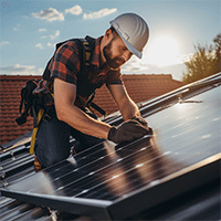 technician working on solar panels on the roof of a structure