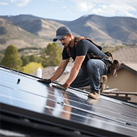 Worker fixing roof with beautiful mountain in the background.