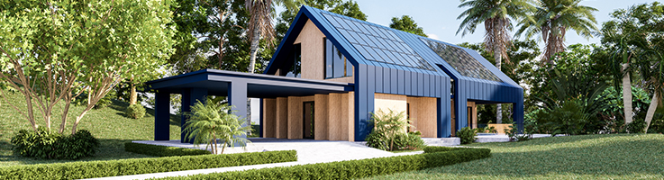 blue house with solar panels on the roof