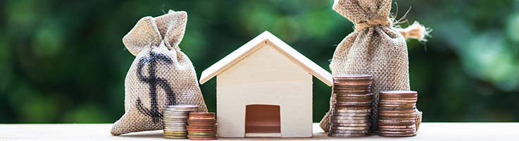 stacks of coins around wooden model home