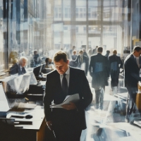 people with documents standing around inside an office building